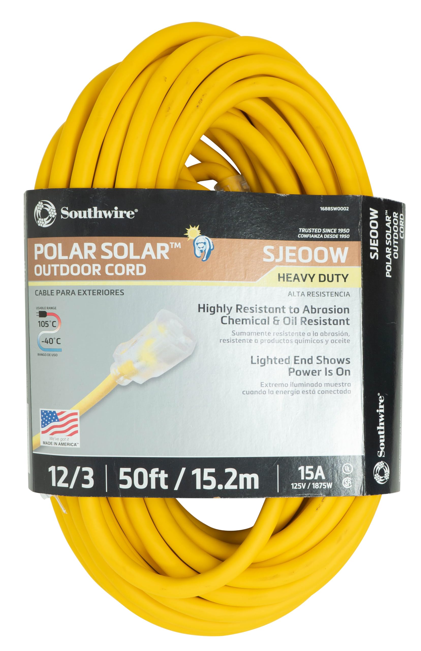 Southwire 50ft 12/3 SJEOOW Polar/Solar Extension Cord - Durable Yellow Power Cable