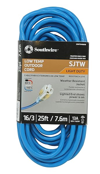Southwire Southwire Coldflex 25ft Light Duty Extension Cord - 16 Gauge, 3 Conductor, Cold Weather, Blue - Model 2367SW8806 - View 2 of 6