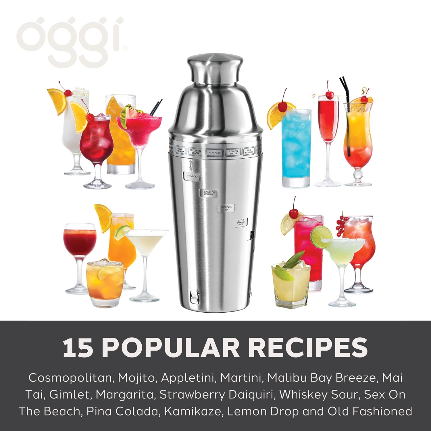 Oggi OGGI Dial A Drink Cocktail Shaker Stainless Steel 34 oz with Built in Strainer and 15 Recipes Ideal for Home Bar and Bartender Kit - View 2 of 7