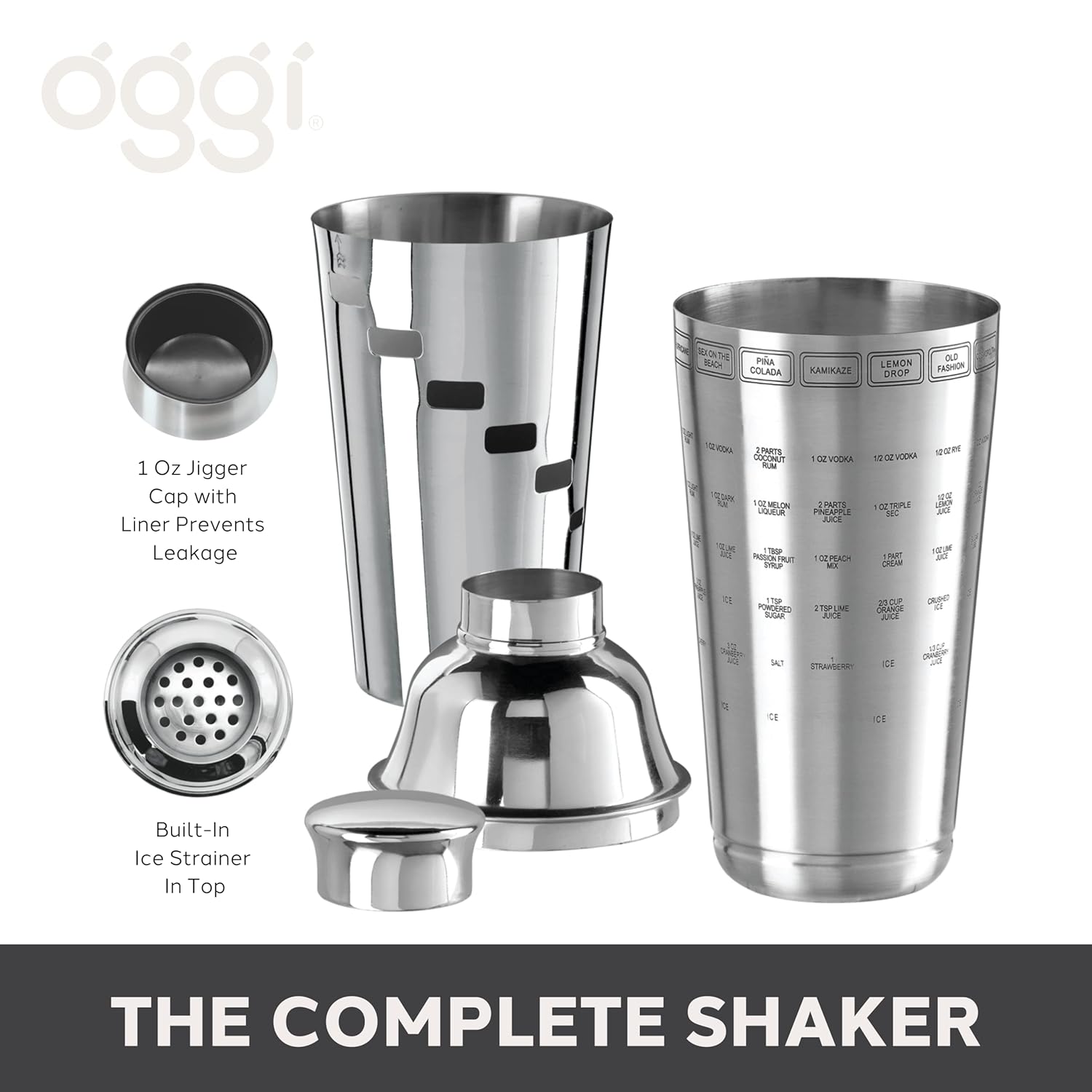 Oggi OGGI Dial A Drink Cocktail Shaker Stainless Steel 34 oz with Built in Strainer and 15 Recipes Ideal for Home Bar and Bartender Kit - View 4 of 7