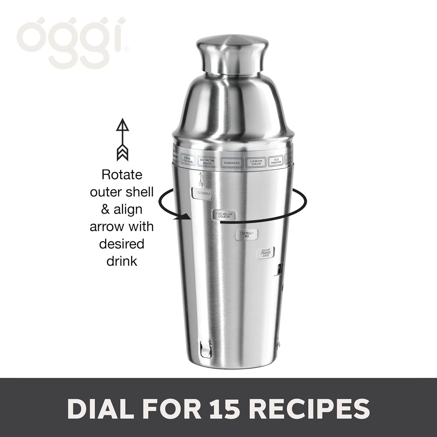 Oggi OGGI Dial A Drink Cocktail Shaker Stainless Steel 34 oz with Built in Strainer and 15 Recipes Ideal for Home Bar and Bartender Kit - View 5 of 7