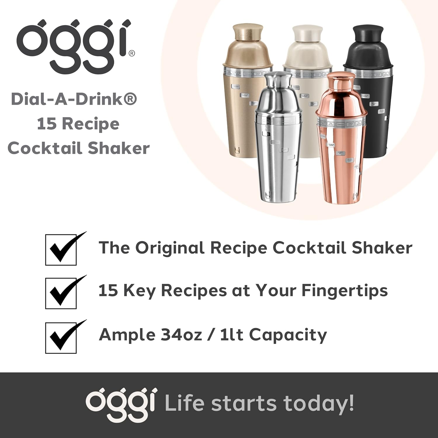 Oggi OGGI Dial A Drink Cocktail Shaker Stainless Steel 34 oz with Built in Strainer and 15 Recipes Ideal for Home Bar and Bartender Kit - View 7 of 7