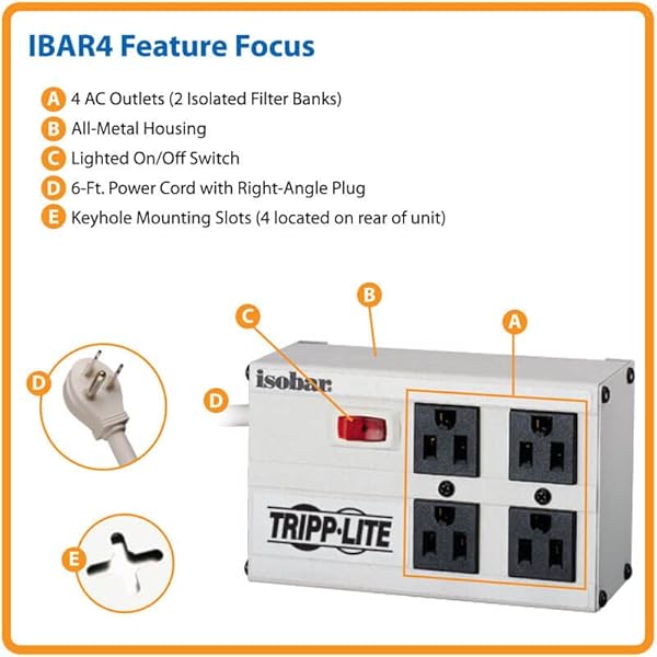 TRIPP LITE Tripp Lite Isobar 4 Outlet Surge Protector - 6ft Cord, 3330 Joules, Right Angle Plug, Metal - IBAR4-6D - View 5 of 7