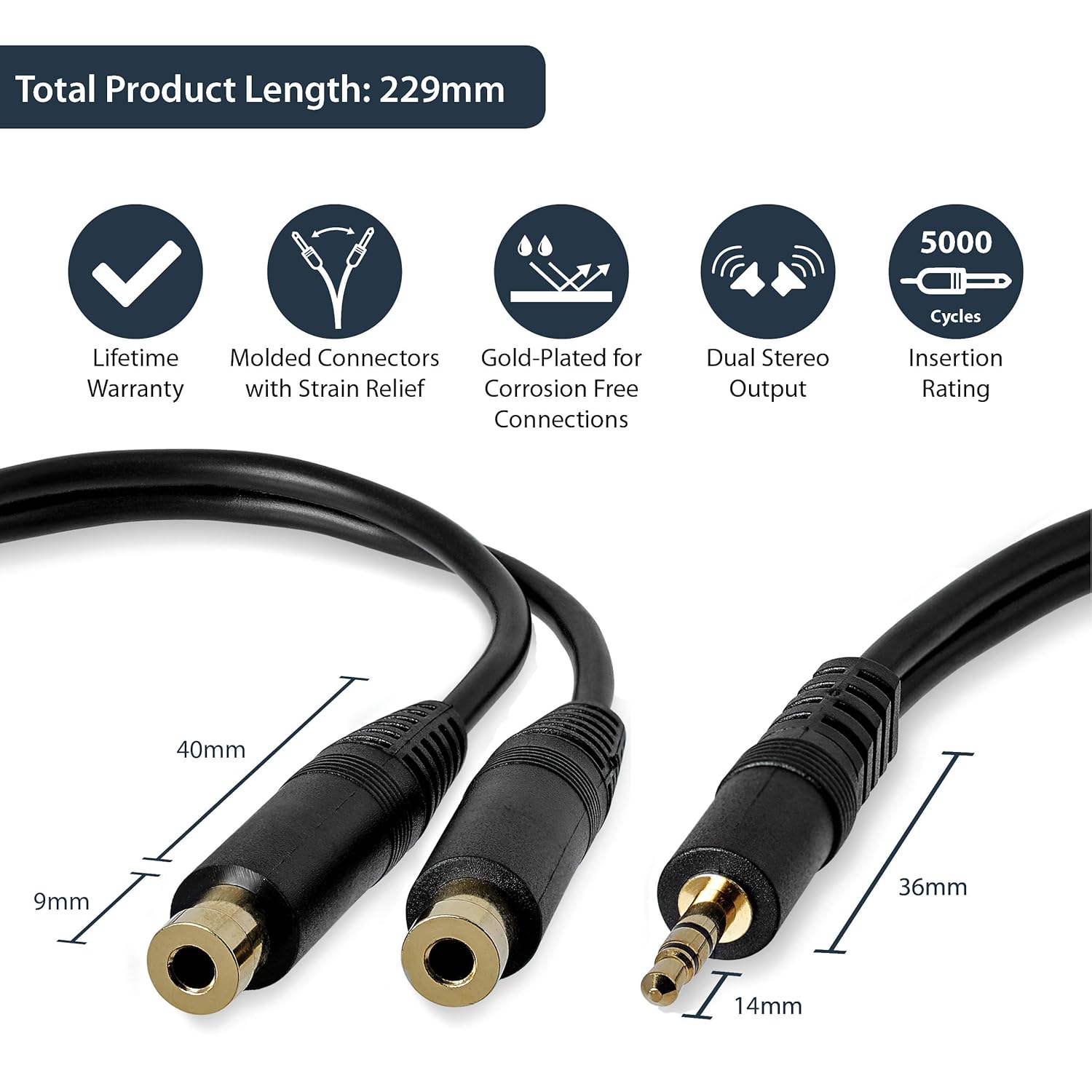 StarTech.com StarTech 6 inch 3.5mm Audio Splitter Cable Stereo Gold Terminals Male to 2x Female Headphone Splitter Black - View 3 of 5