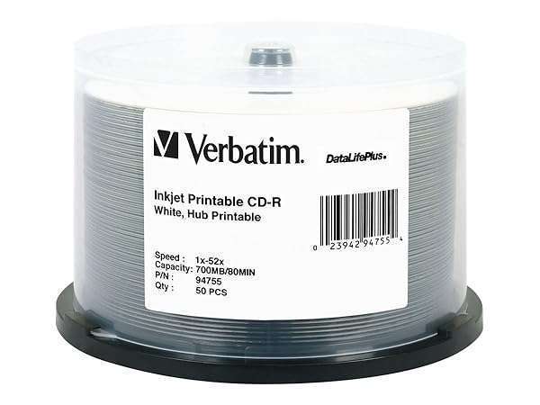 Verbatim Verbatim CD-R 700MB 52X DataLifePlus White Inkjet Printable - 50 Pack Spindle for High-Quality Printing - View 2 of 10