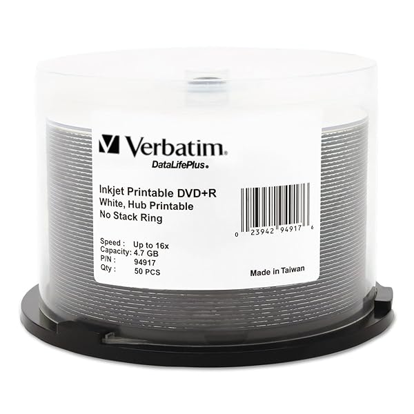 Verbatim DVD+R 4.7GB 16X Inkjet Printable 50pk - Hub Printable DataLifePlus Spindle