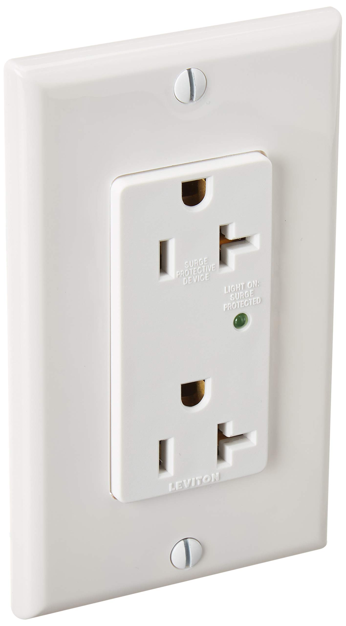 Leviton 5380-W 20 Amp Decora Plus Duplex Receptacle - Industrial Grade Surge Protection with Indicator Light