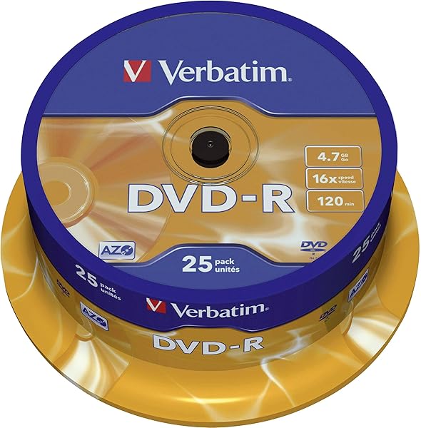 Verbatim DVD-R Discs 25 Pack - 4.7GB, 16x Speed, UV Protection, Bulk Blank Discs for Reliable Data Storage