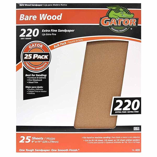 Gator "Buy Gator 9x11" 220 Grit Bare Wood Sanding Sheets - 25 Pack for Smooth Finishes"