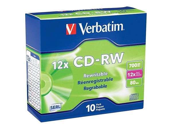 Verbatim CD-RW 700MB 4X-12X Rewritable Discs - 10 Slim Jewel Cases, Silver | High-Quality Blank Media