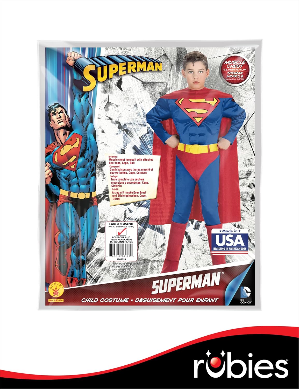 Rubies Rubies Child DC Super Heroes Deluxe Muscle Chest Superman Costume Large for Themed Parties and Halloween - View 8 of 9