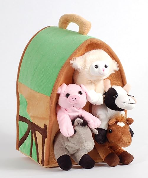 Unipak Plush Farm House Set: 5 Stuffed Animals (Horse, Lamb, Cow, Pig, Grey Horse) for Kids' Playtime Fun