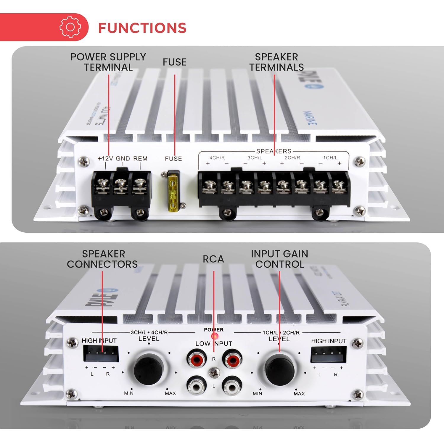Pyle Pyle Hydra Marine Amplifier Elite Series 400 Watt 4 Channel Waterproof Audio Amplifier with Dual MOSFET Power Supply and GAIN Controls - View 2 of 7