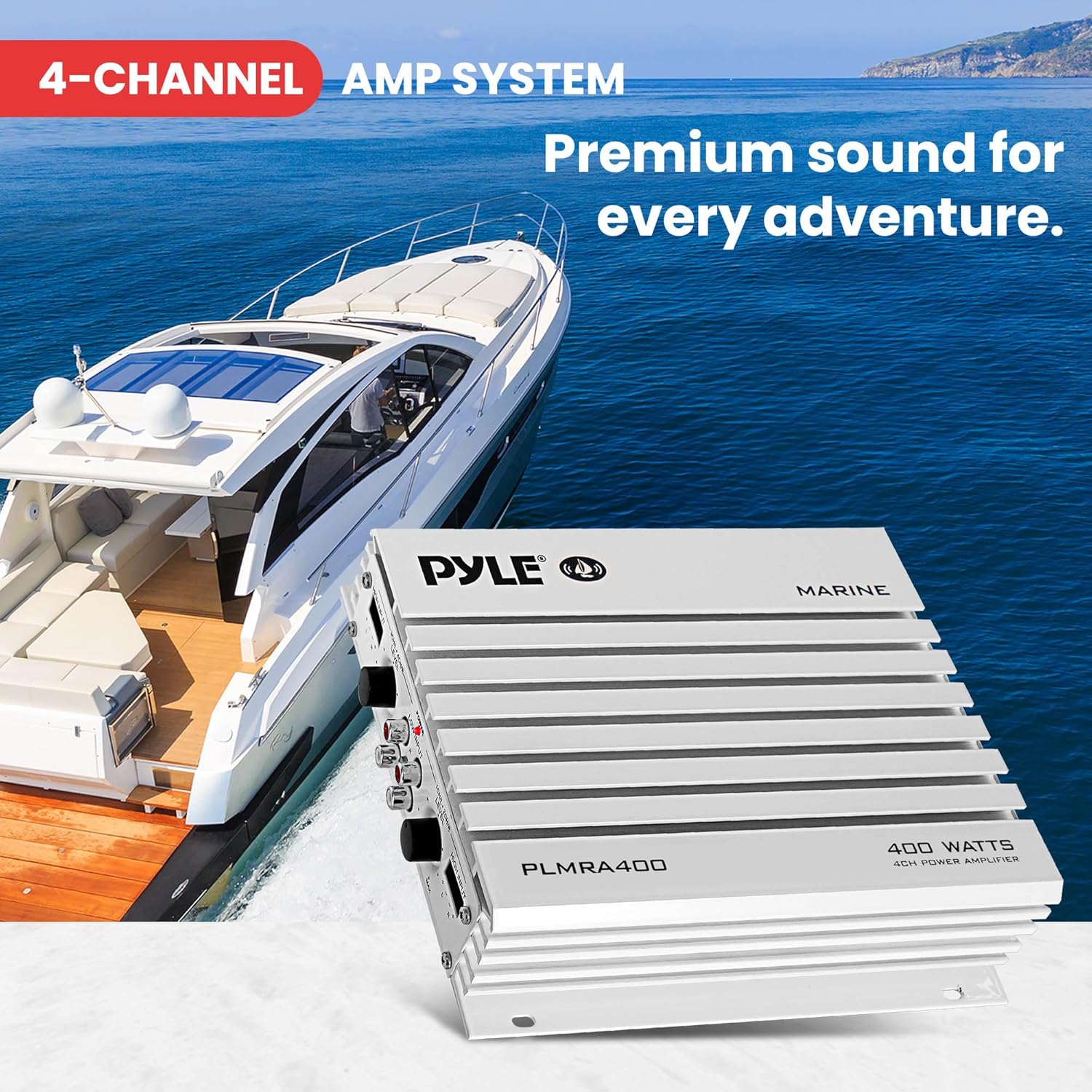 Pyle Pyle Hydra Marine Amplifier Elite Series 400 Watt 4 Channel Waterproof Audio Amplifier with Dual MOSFET Power Supply and GAIN Controls - View 5 of 7