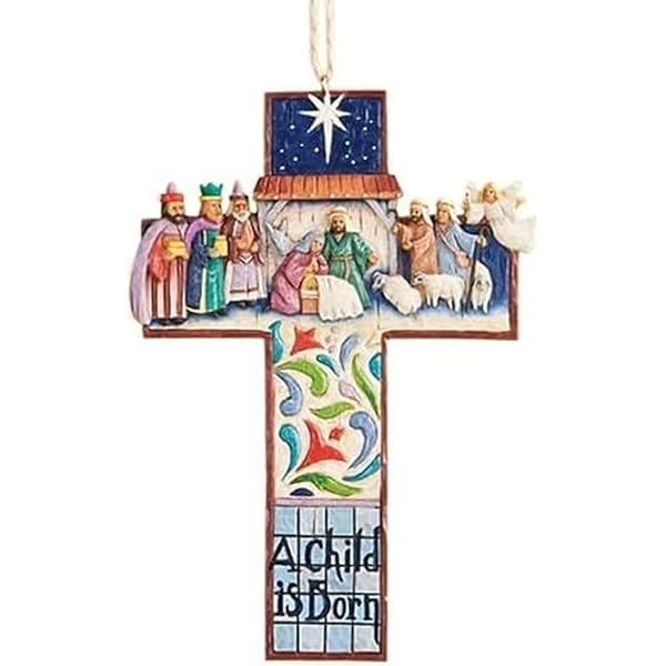 Jim Shore Heartwood Creek Cross Nativity Scene Stone Resin Hanging Ornament, 4.75Â”