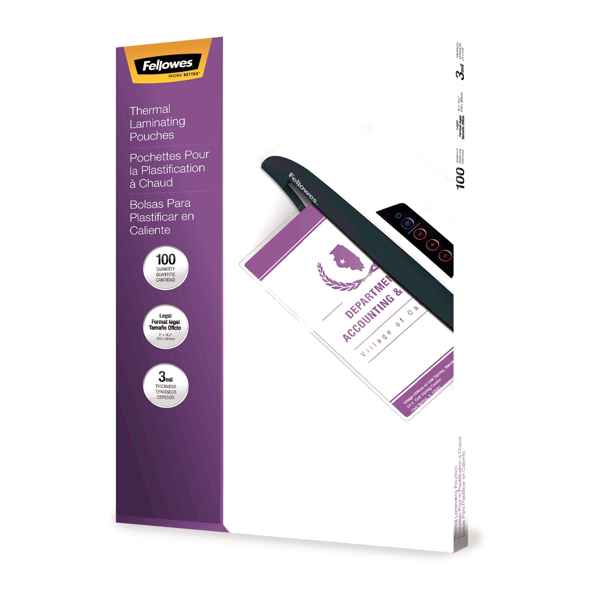 Fellowes Hot Laminating Pouches 3 Mil Legal Size - 100 Pack (52455) for Durable Document Protection