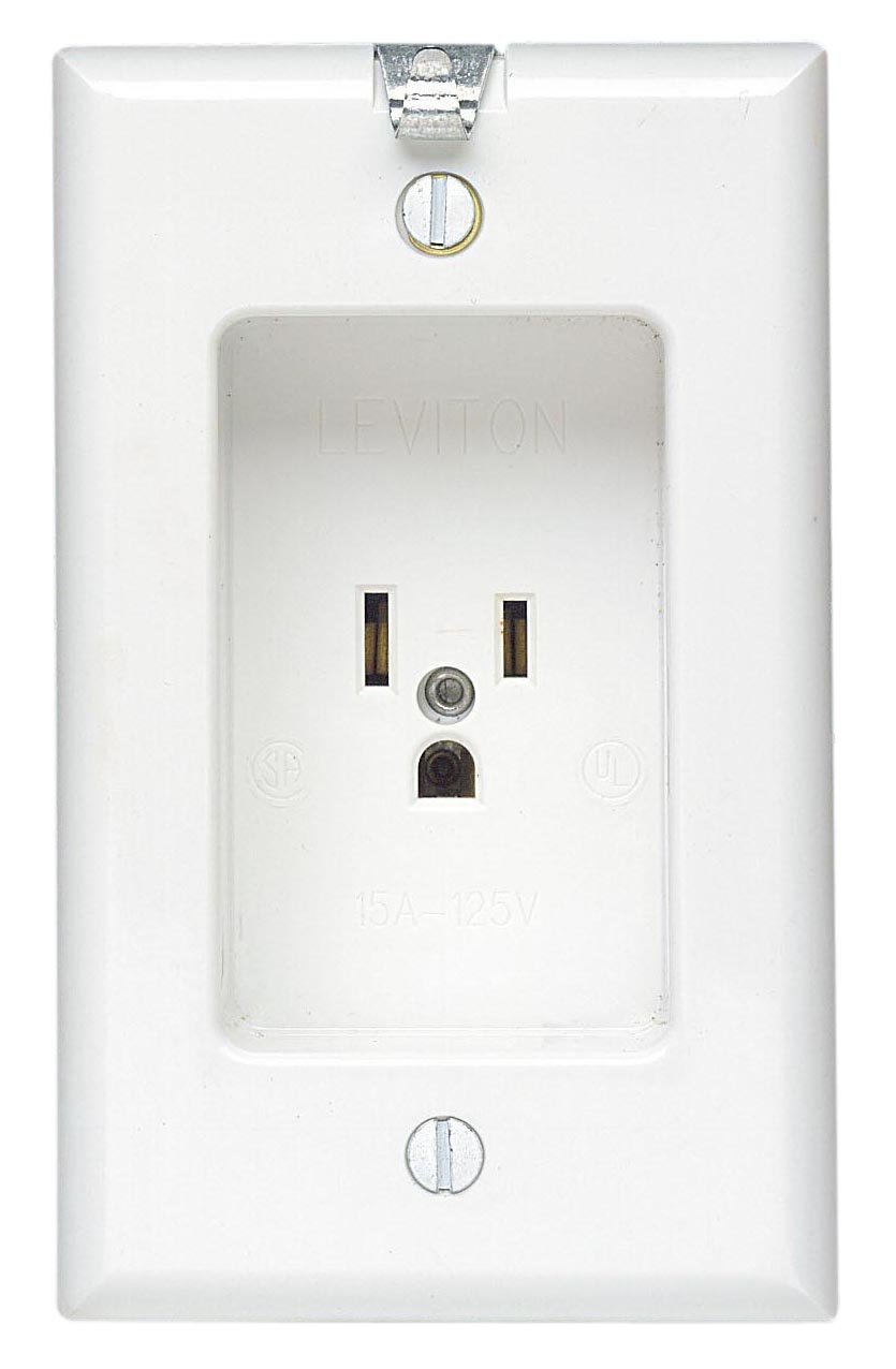 Leviton Leviton 688-W Recessed Single Receptacle: 15 Amp, 125V, Residential Grade with Clock Hanger Hook - White