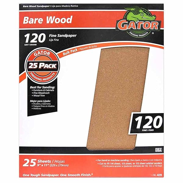 Gator Buy Gator 9x11 Bare Wood Sanding Sheets 120 Grit - 25 Pack for Smooth Finishes