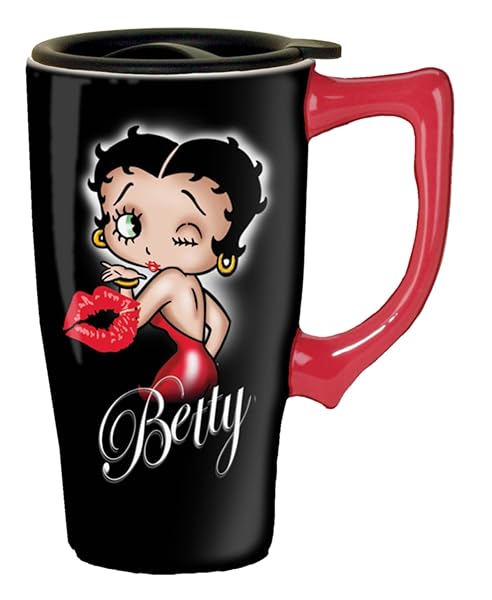 Spoontiques Spoontiques Insulated Travel Mug Betty Boop Hearts Ceramic Coffee Cup 15 oz Black Perfect Gift for Coffee Lovers