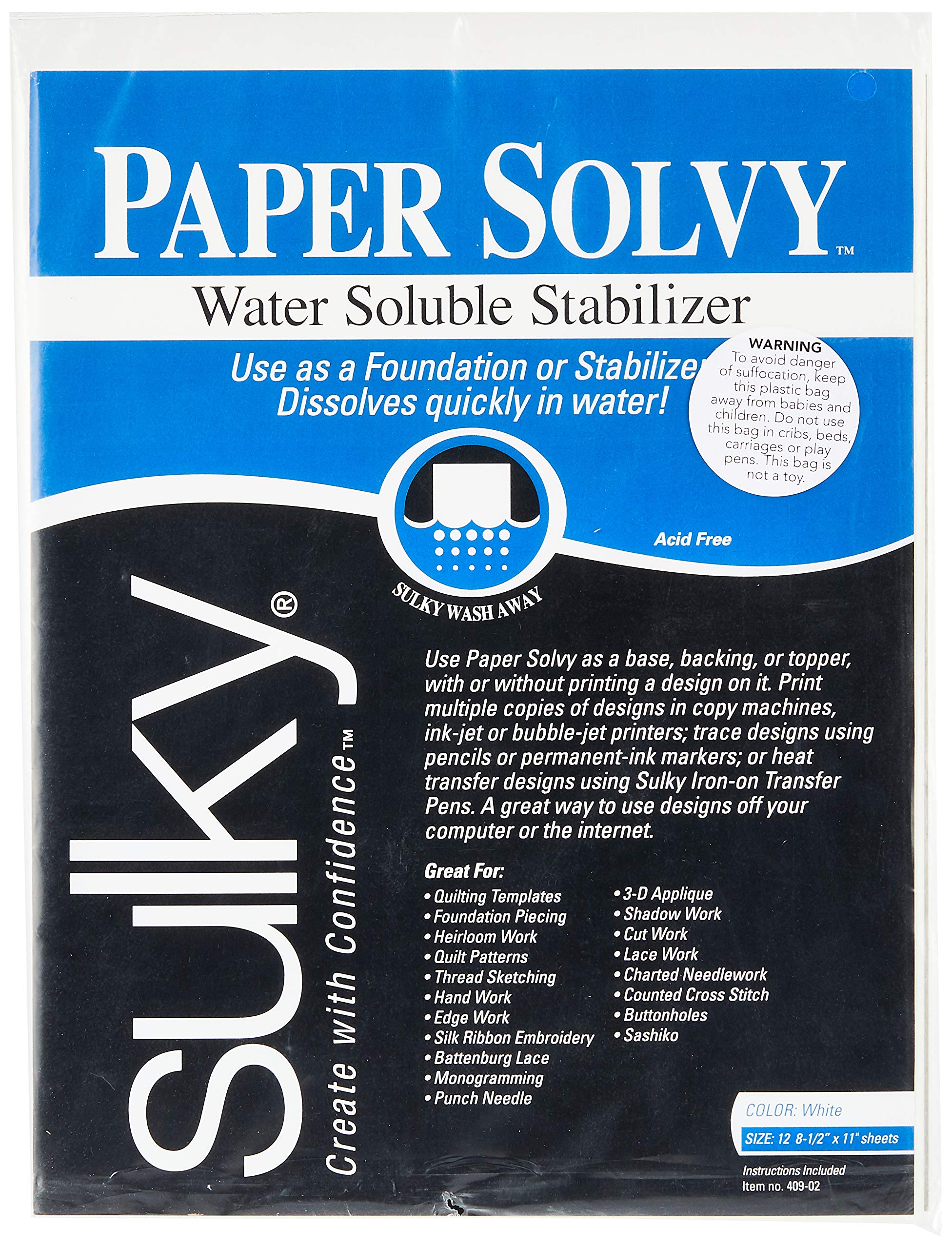 Buy Sulky 409-02 Paper Solvy Water Soluble Fabric Stabilizer - 8.5x11, 12 Pack for Easy Sewing Projects
