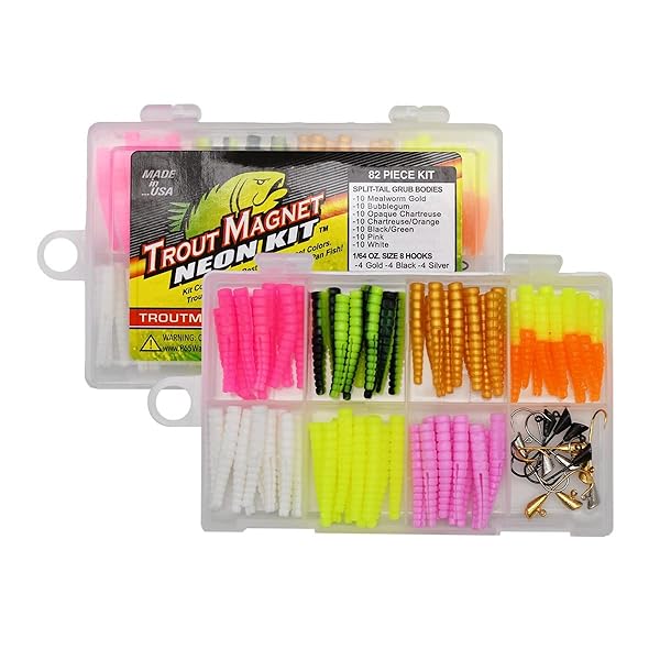 Trout Magnet Trout Magnet 82-Piece Neon Fishing Kit: 70 Grub Bodies & 12 Hooks for All Fish Types - Orange, Green, White, Silver