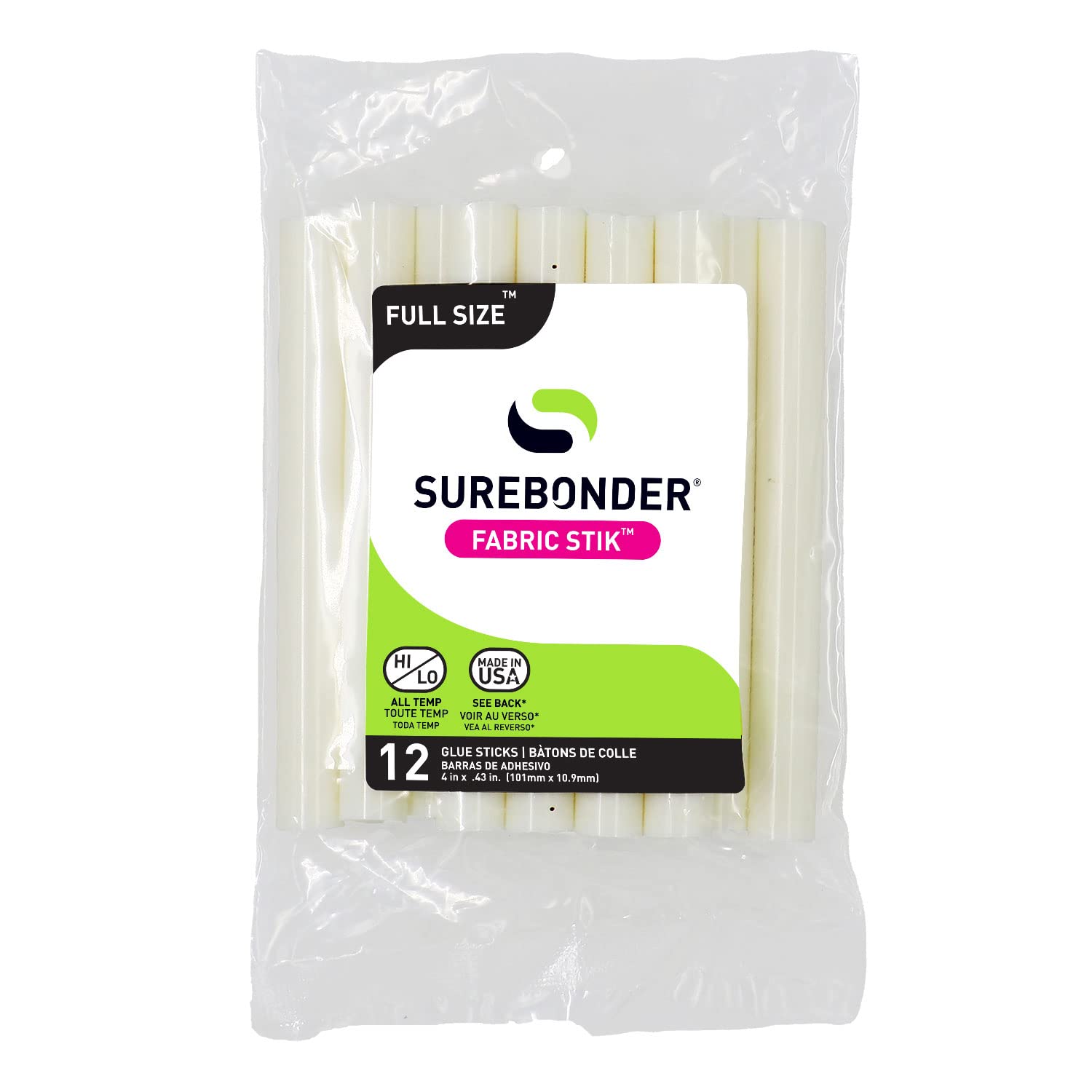 Surebonder Surebonder FS-12 Fabric Hot Glue Sticks - Strong, Washable, 12 Pack, 4-Inch - Made in USA