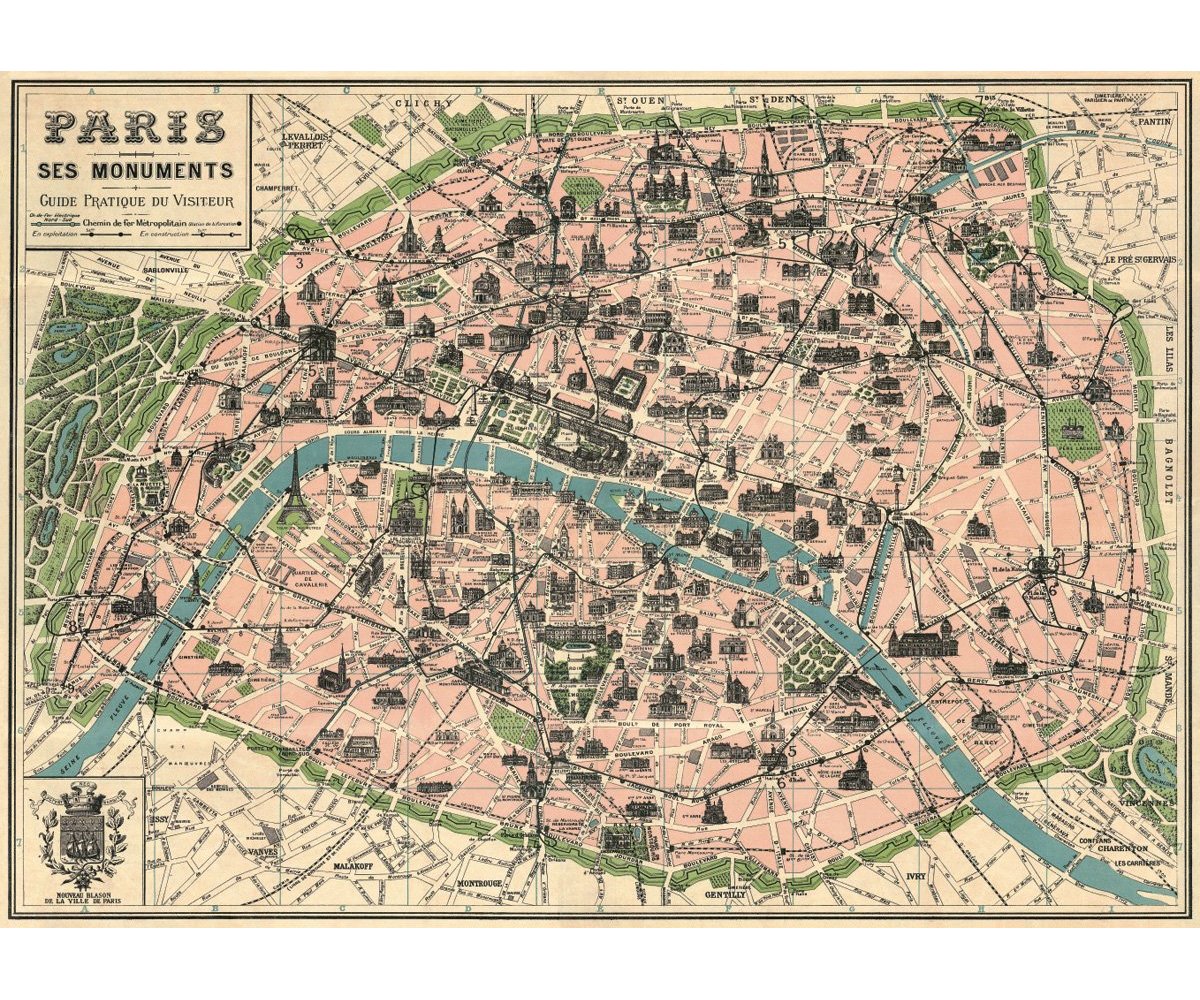 CAVALLINI & CO. "Vintage Paris Map Monuments Poster 20" x 28" by Cavallini & Co - Perfect Wall Art for Paris Lovers"