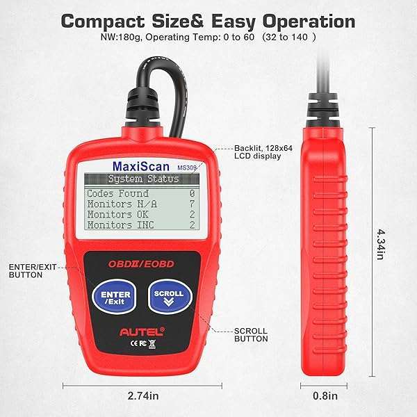 Autel Autel MS309 OBD2 Scanner: Check Engine Code Reader & Emission Monitor for All OBDII Vehicles (1996+) - Fast Diagnostics! - View 10 of 11