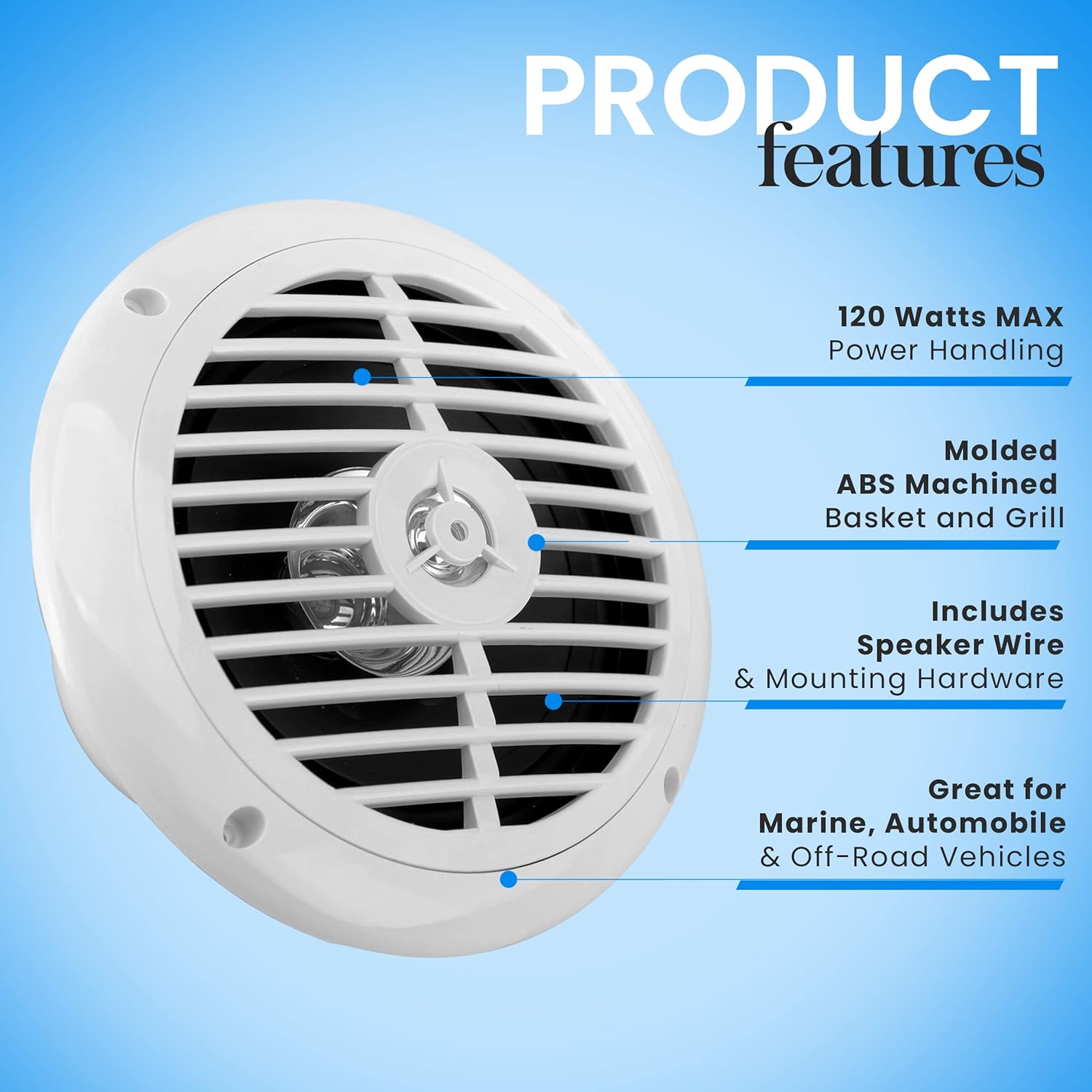 Pyle Pyle 6.5 Inch Dual Marine Speakers Waterproof Outdoor Audio System 120 Watt Power Polypropylene Cone Cloth Surround 1 Pair PLMR67W White - View 6 of 8