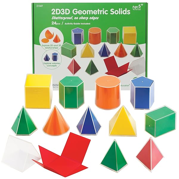 Edxeducation 2D3D Geometric Solids Set of 24 Multicolored Shapes and 2D Nets for Early Math and Geometry Learning for Kids