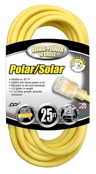 Southwire Southwire 25ft Heavy Duty Extension Cord - 10 Gauge, Lighted Ends, SJEOOW, Yellow | Ideal for Polar/Solar Use