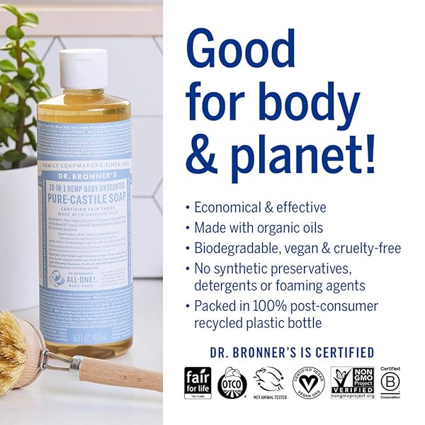 Dr. Bronner's Dr. Bronner's Baby Unscented Pure-Castile Soap 16oz 2-Pack - Organic, 18-in-1 Uses for Sensitive Skin & Babies - View 5 of 8
