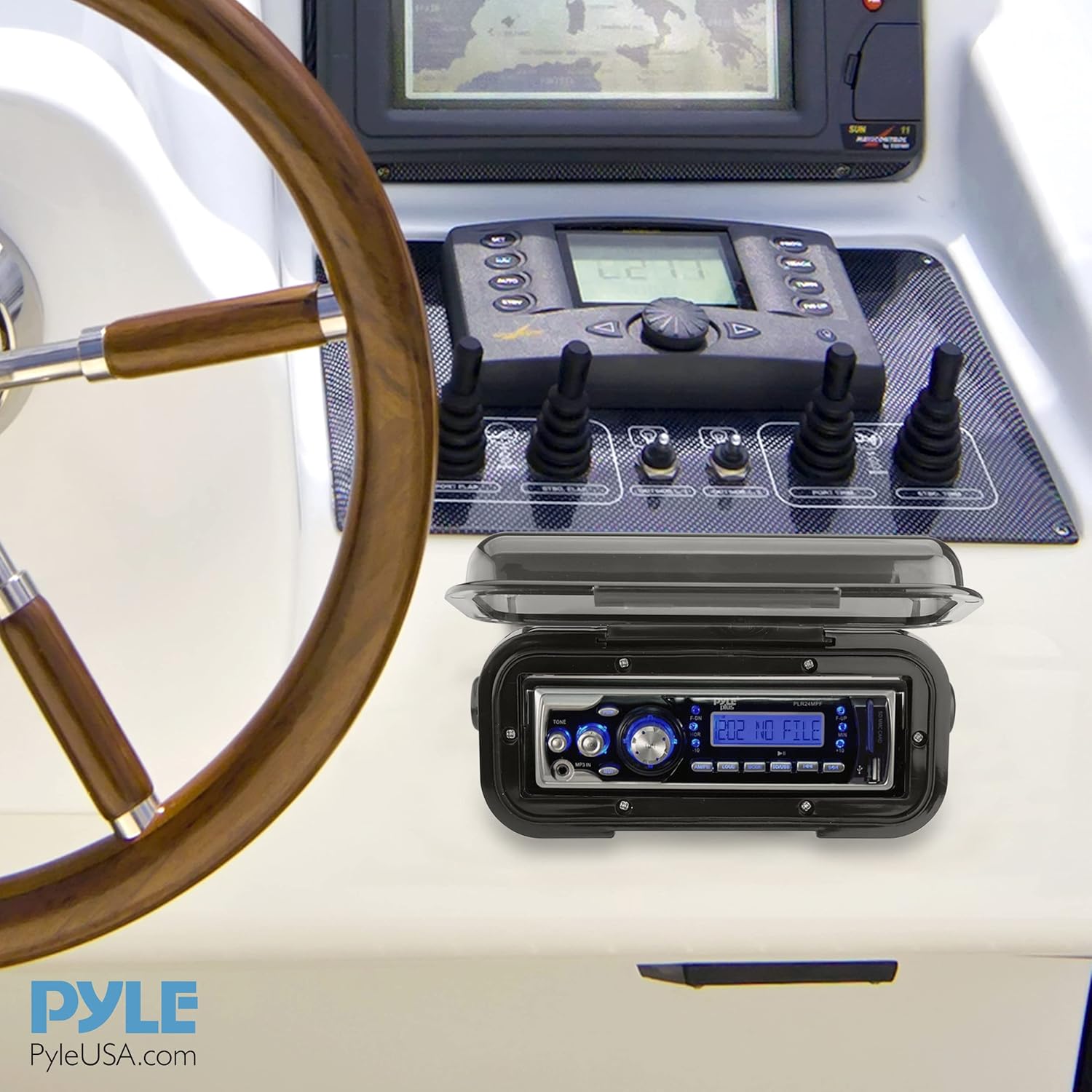 Pyle Pyle Universal Marine Stereo Cover Water Resistant Boat Radio Protector with Flip-Up Door Compatible with Dual Shaft and DIN Style Stereos Black - View 6 of 7