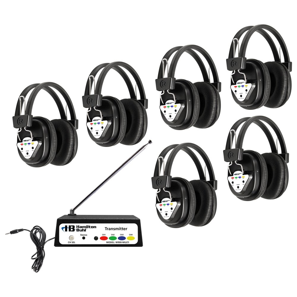 HamiltonBuhl Hamilton Buhl Wireless Listening Center: 6 Station Headphones & Transmitter - Multi Frequency, Black W906-MULTI