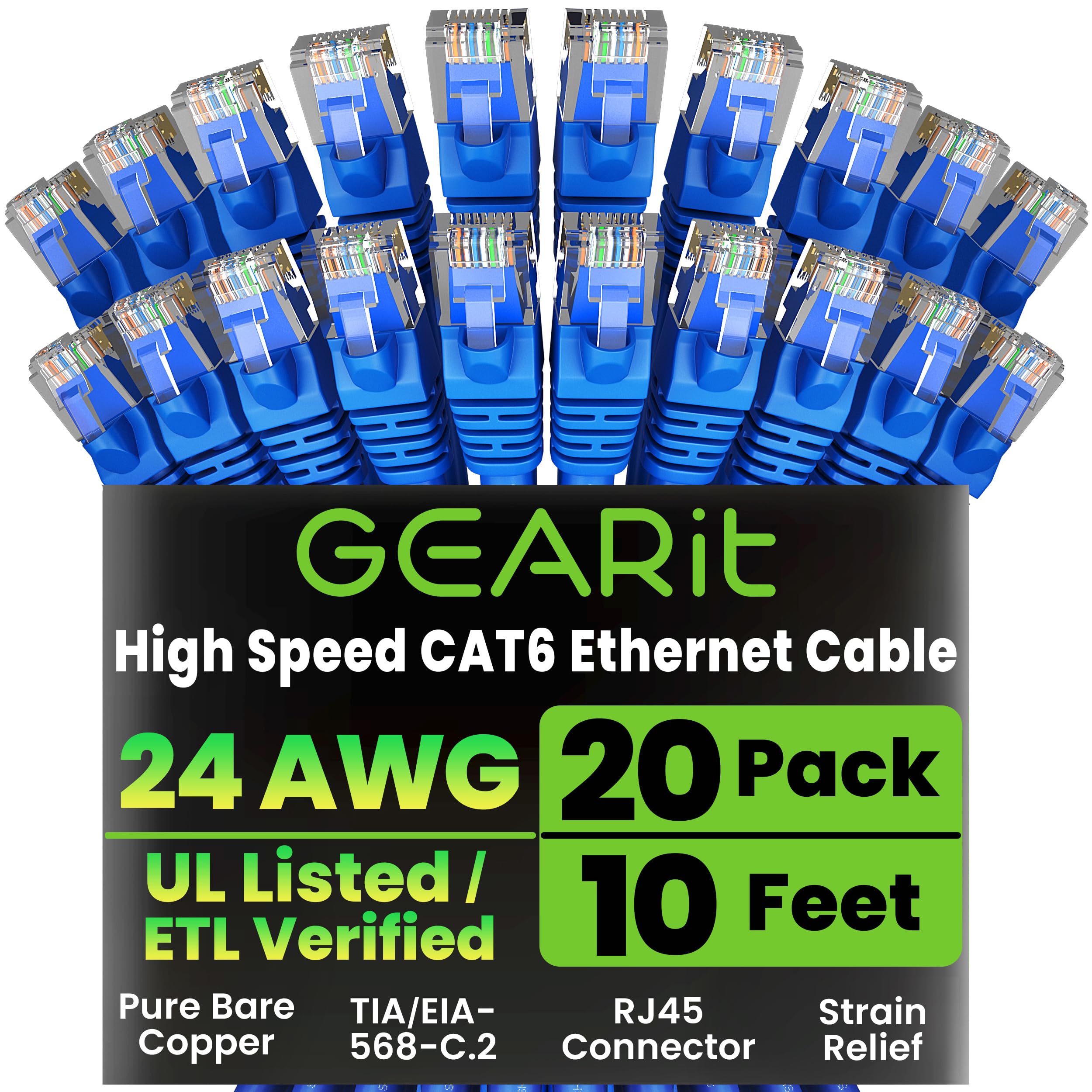 GearIt 20 Pack Cat 6 Ethernet Cable Snagless Patch 10 Feet Computer LAN Network Cord Blue Lifetime Warranty