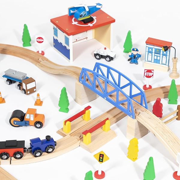 Maxim Enterprise Maxim Enterprise 100 Pc Wooden Train Set with Tracks Bridges Trains Helicopter Buildings Police Car Compatible with Thomas and Friends Brio - View 2 of 2