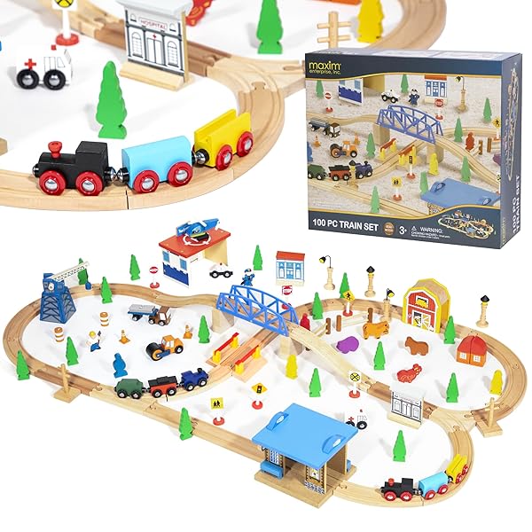 Maxim Enterprise Maxim Enterprise 100 Pc Wooden Train Set with Tracks Bridges Trains Helicopter Buildings Police Car Compatible with Thomas and Friends Brio