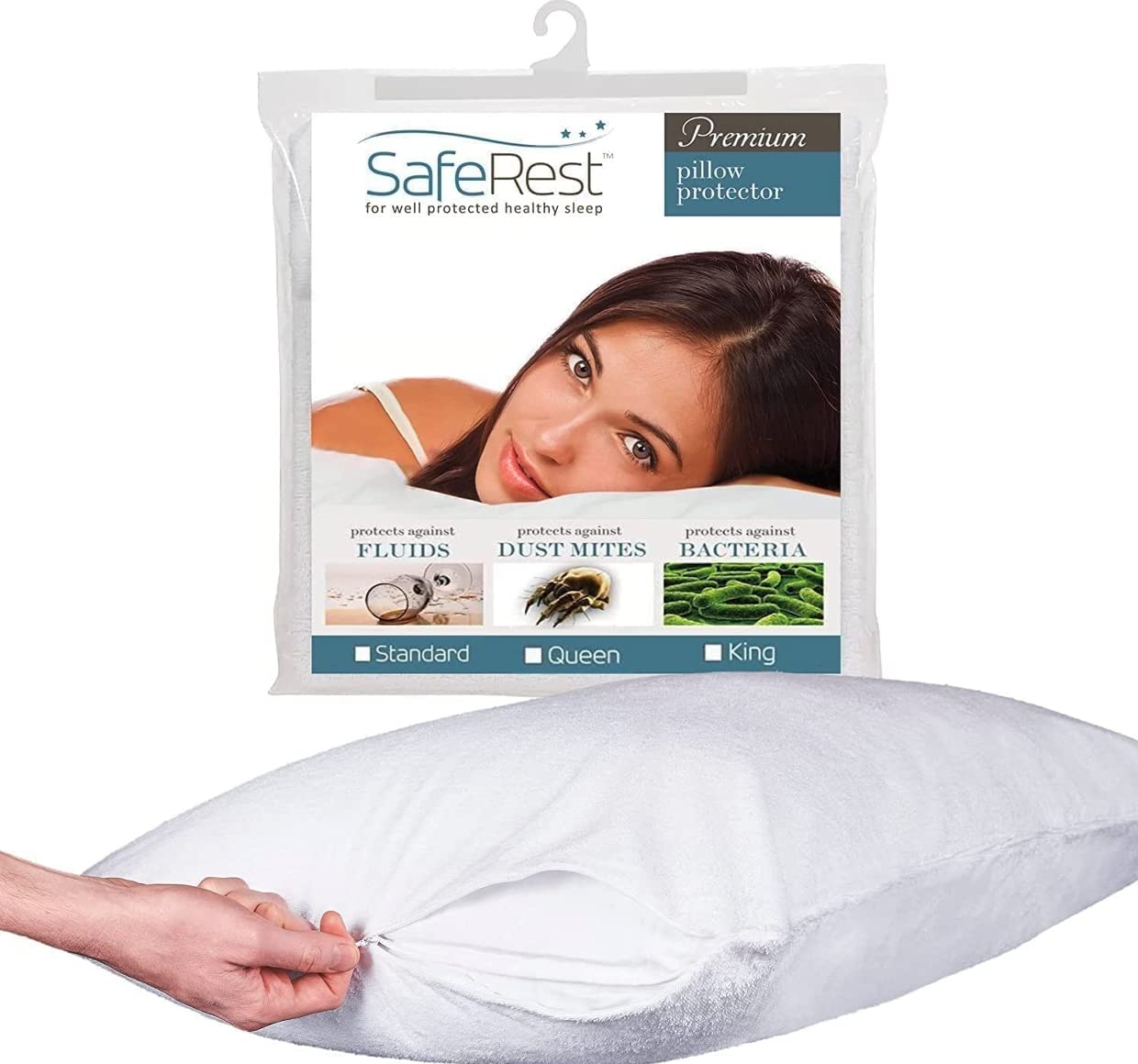 SafeRest SafeRest Waterproof Pillow Protector - Standard Size Zippered Cover for Dorms & Apartments - Breathable Cotton Terry Encasement