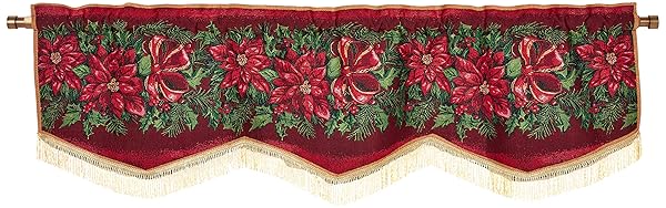 Violet Linen "Violet Linen Christmas Poinsettias Tapestry Valance 60" x 15" - Festive Window Decor"