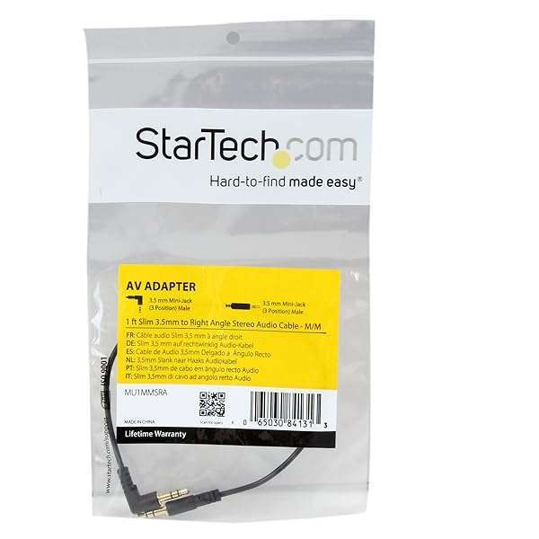 StarTech.com StarTech 1ft Right Angle 3.5mm Audio Cable - Slim Male/Male Aux Cable (MU1MMSRA) - Perfect for Tight Spaces - View 6 of 7
