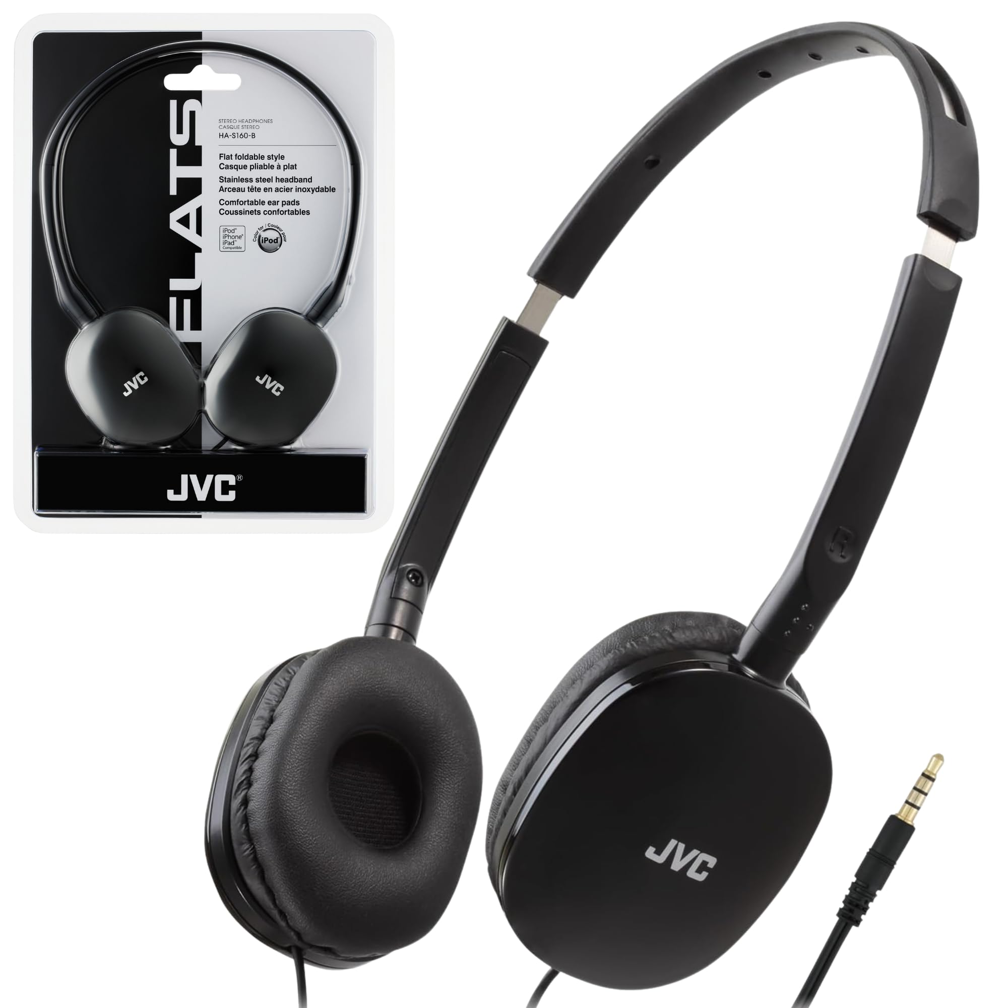 JVC HAS160B Colorful Flat Foldable On-Ear Headphones with Gold Plated Slim Plug - Perfect Sound & Style