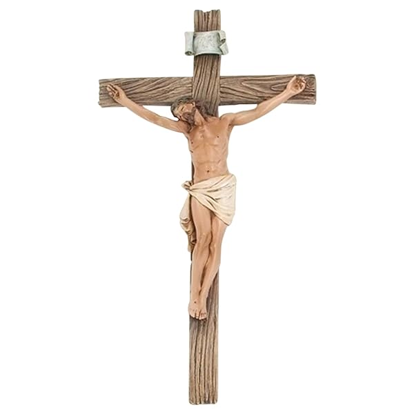 Roman Roman Traditional Textured Wood Look 4.25x8 Resin Stone Wall Crucifix - Elegant Religious Decor