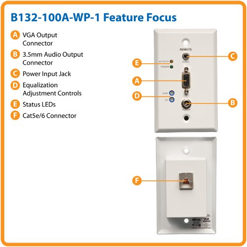 TRIPP LITE Tripp Lite VGA & Audio Over Cat5/Cat6 Extender Wallplate Receiver 1920x1440 at 60Hz - B132-100A-WP-1 - View 7 of 8