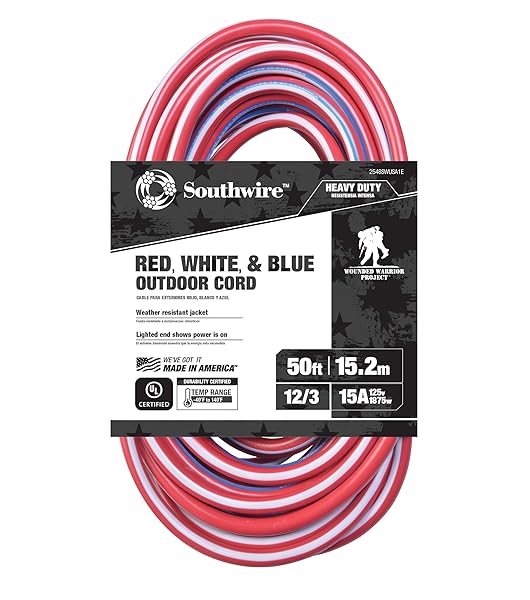Southwire Southwire 50ft Heavy Duty Extension Cord - 12 Gauge, Outdoor, Lighted End, SJTW, Red/White/Blue - Durable Power Solution