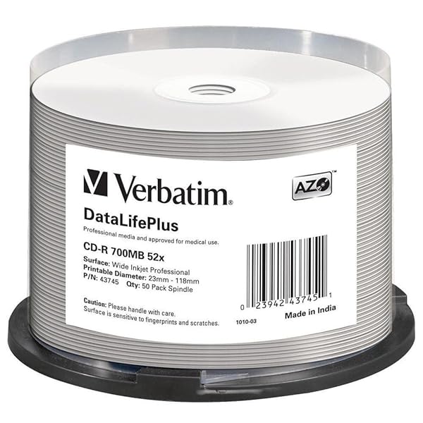 Verbatim Verbatim 43745 52x CD-R DataLifePlus Inkjet 50pk Spindle - High-Quality Blank Discs for Professional Use - View 2 of 2