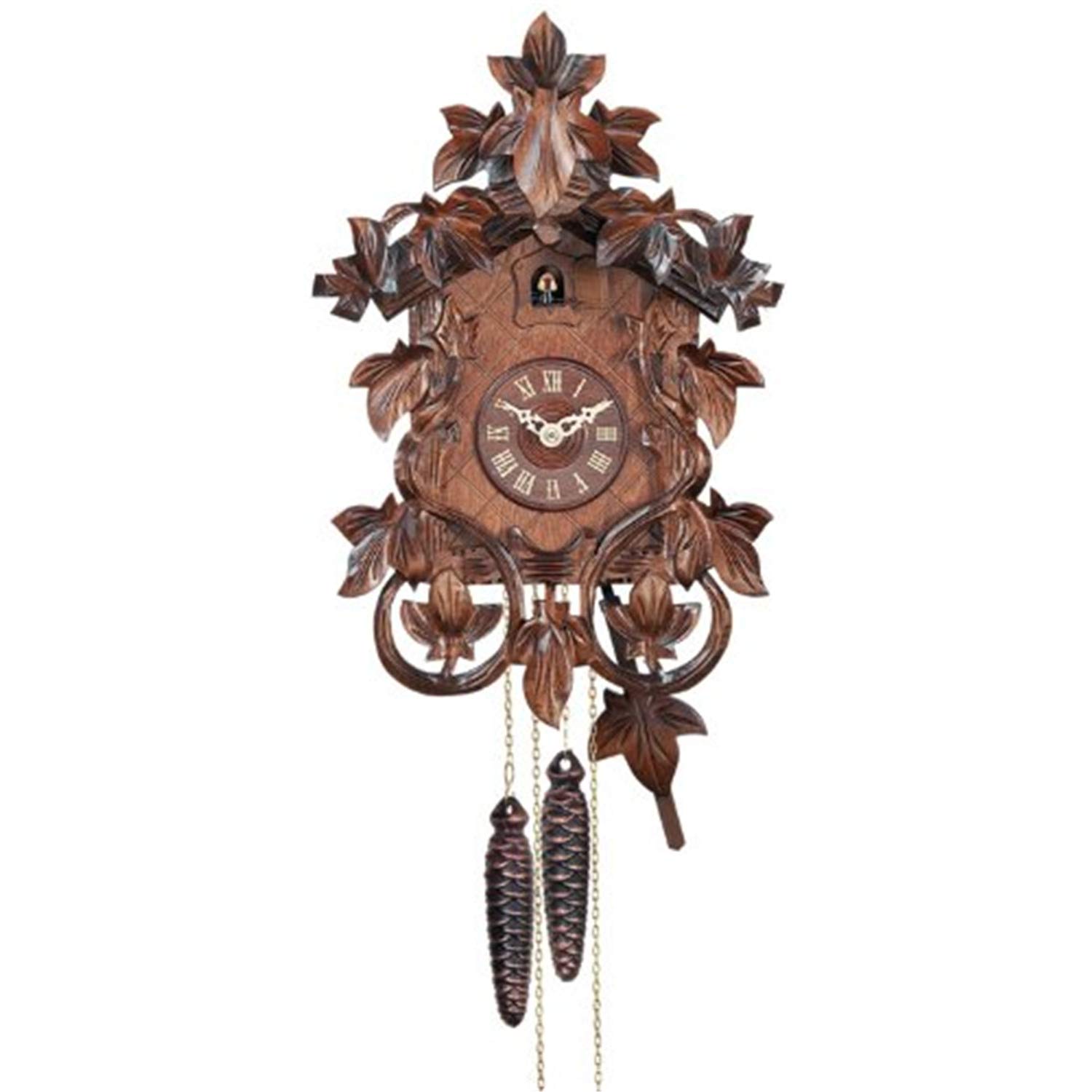 River City Clocks River City Clocks 14 Inch One Day Mechanical Hand Carved Cuckoo Wall Clock with Intricate Leaves and Vines in Brown