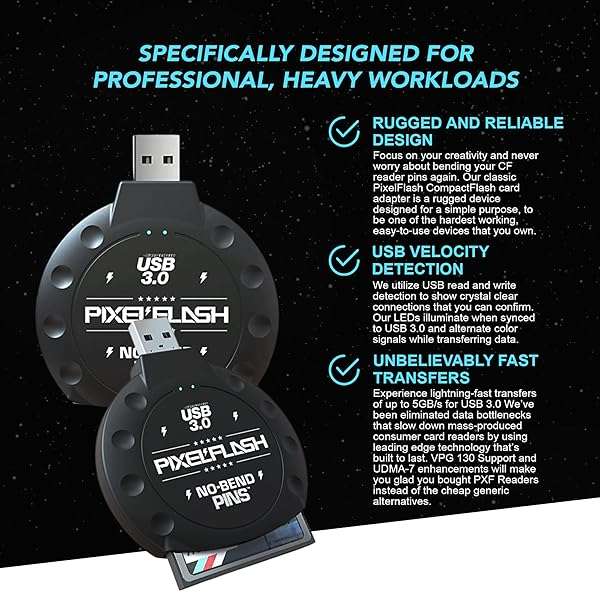 PixelFlash PixelFlash CF Card Reader - USB 3.0 Compact Flash Adapter with Rugged Design & No-Bend Pins for Fast Data Transfer - View 7 of 10