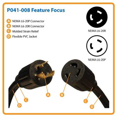 TRIPP LITE Tripp Lite 8-ft Heavy-Duty Power Extension Cord 30A 10AWG (NEMA L6-30P to L6-30R) - Reliable Electrical Solution - View 3 of 4