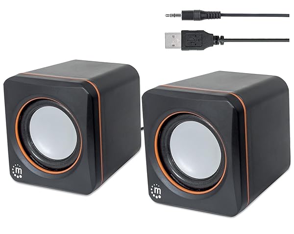 MANHATTAN Manhattan USB Powered Stereo Speakers - Compact, Volume Control, 3.5mm Aux - Perfect for Laptops & Desktops - 3 Yr Warranty