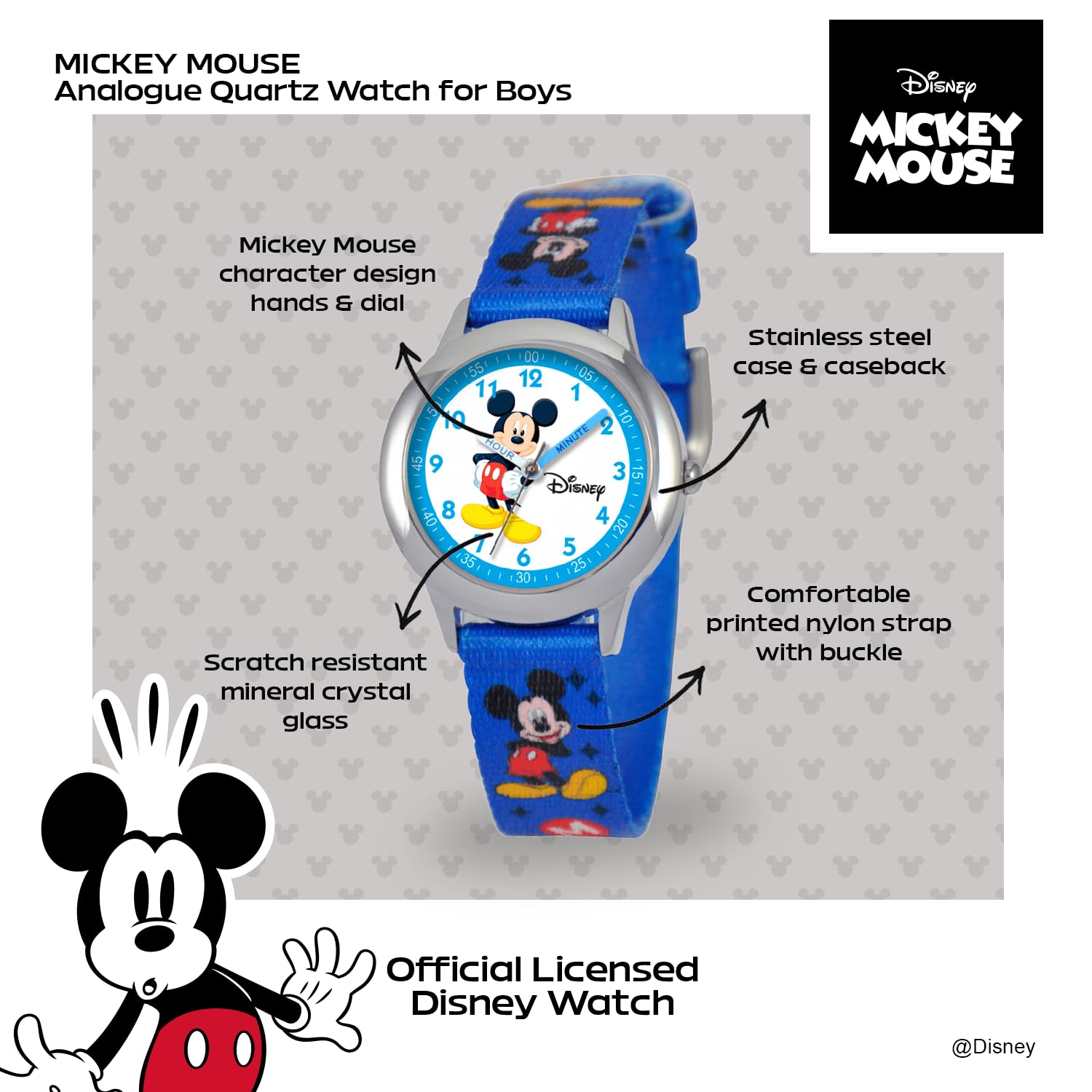 Disney Kids Time Teacher Mickey Mouse Stainless Steel Watch with Printed Nylon Band for Easy Learning - View 2 of 6